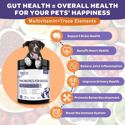 NATURE TARGET Probiotics for Dogs, 6 Billion CFUs, Freeze-Dried Dog Probiotics with Prebiotics & Enzymes for Digestive Health, Omega 3 for Skin & Immune Support, 180 Chews