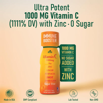 ALFA VITAMINS Vitamin C Shot 1000mg with Zinc, Ginger & Echinacea – Orange Flavour – 20 Pack