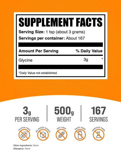 BulkSupplements Glycine Powder - Unflavoured, Gluten-Free, 3g per Serving, 500g