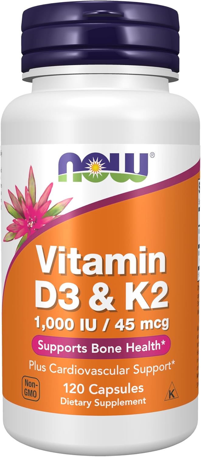 NOW Supplements, Vitamin D3 and K2, 1,000 IU/45 mcg, Cardiovascular Support*, Supports Bone Health*, 120 Vegetarian Capsules - görsel 1