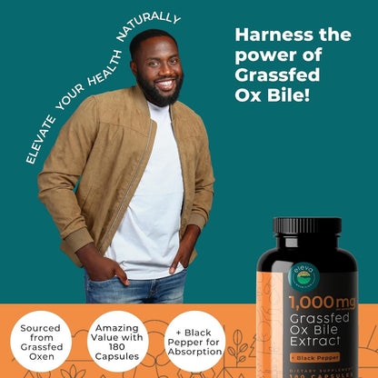 Eleva Nutrition Grass-Fed Ox Bile 1000mg – Digestive Support Supplement (180 Capsules)