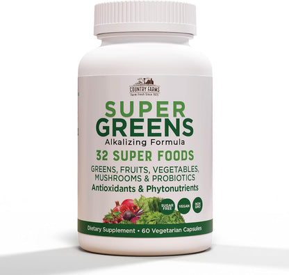 Country Farms Super Greens Vegicaps, 29 Whole Greens Whole Food Supplement with Probiotics, 60 Vegicaps