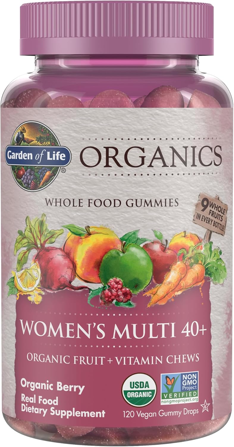 Garden of Life Organics Women 40+ Gummy Vitamins - Berry - Certified Organic, Non-GMO, Vegan, Kosher Complete Multi - Methyl B12, C & D3 - Gluten, Soya & Dairy-free, 120 Real Fruit Gummies - görsel 1