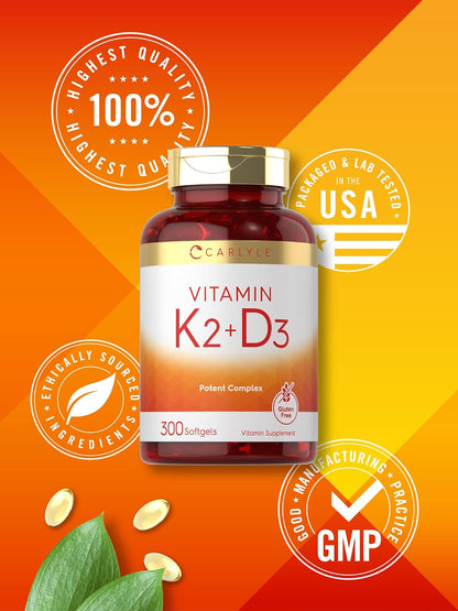 Carlyle Vitamin K2 D3 Supplement | 200mcg K2 MK7 & 10,000 IU D3 | 300 Softgels | Non-GMO, Gluten-free