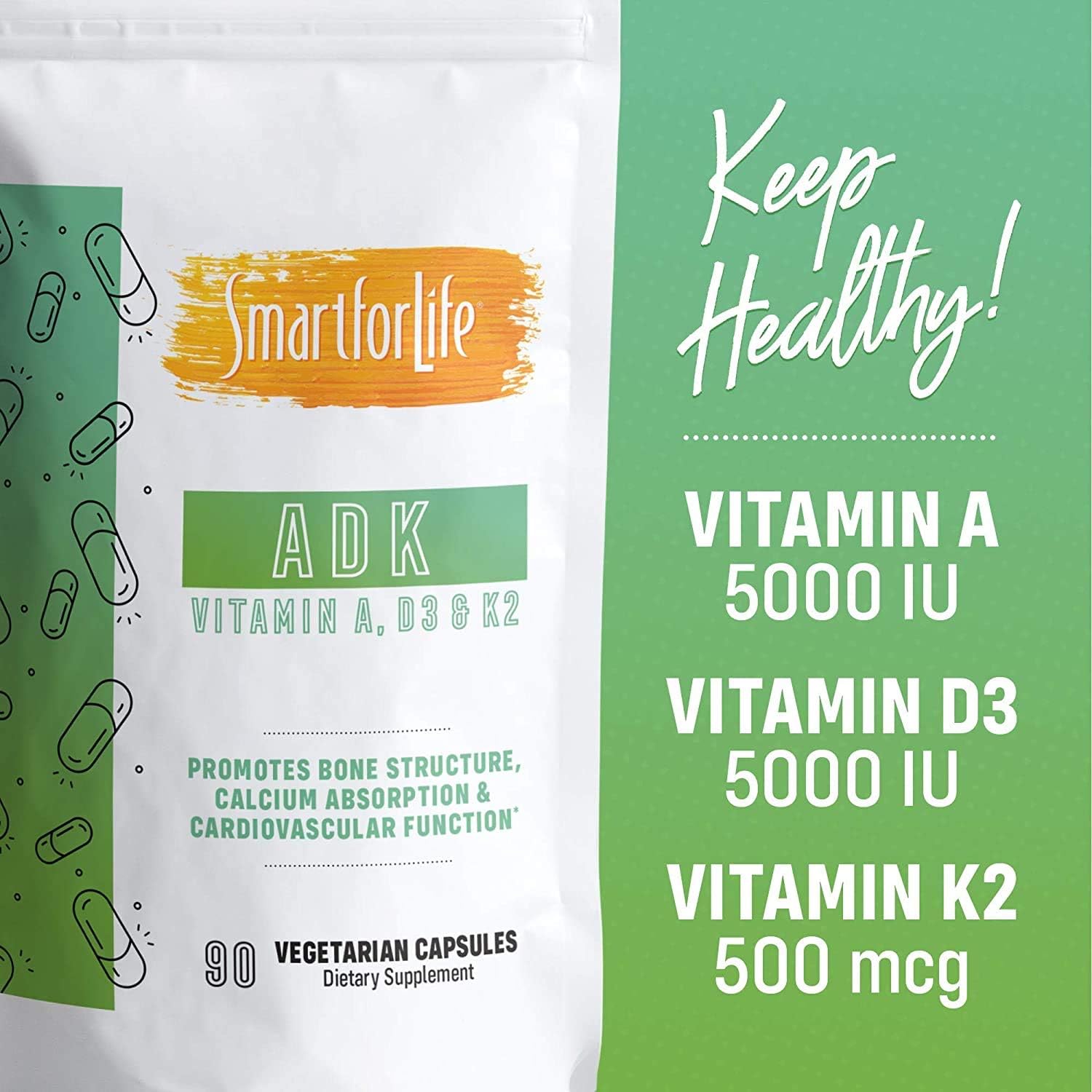 Smart for Life ADK Vitamins Supplement - High Potency Vitamin A, D3 & K2 - Supports Bone and Heart Health - 90 Capsules - görsel 2