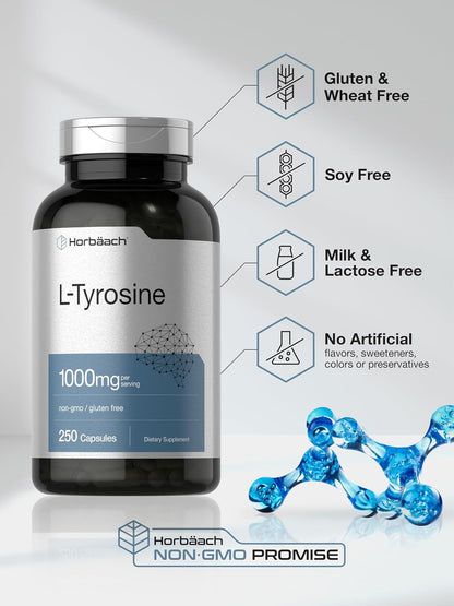 Horbäach L-Tyrosine 1000mg, 250 Capsules - Amino Acid Supplement, Non-GMO & Gluten-free