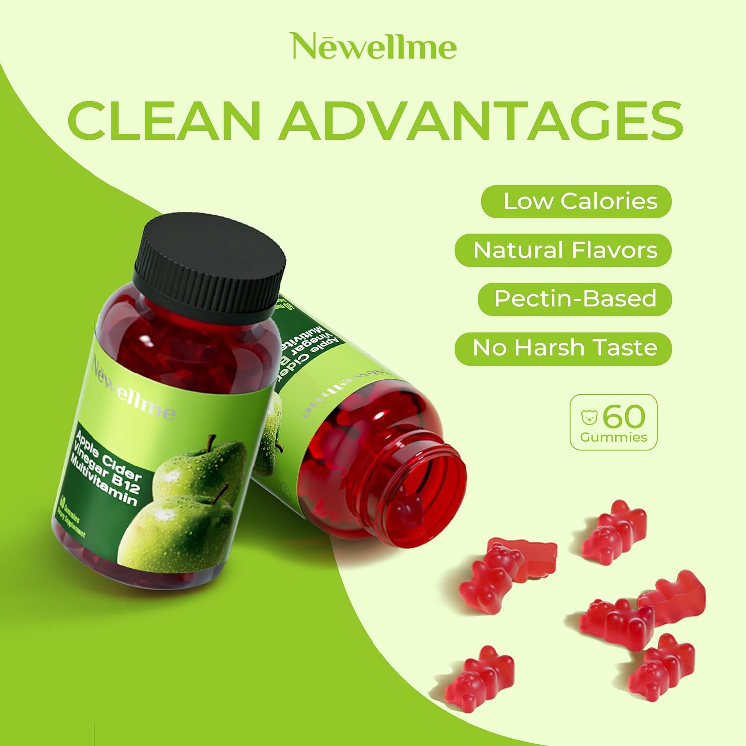 NEWELLME ACV Gummies with The Mother & B12 – Sugar Free, Great Tasting Vegan Gummies for Digestion, Metabolism & Daily Energy Support, 90 Count - görsel 3