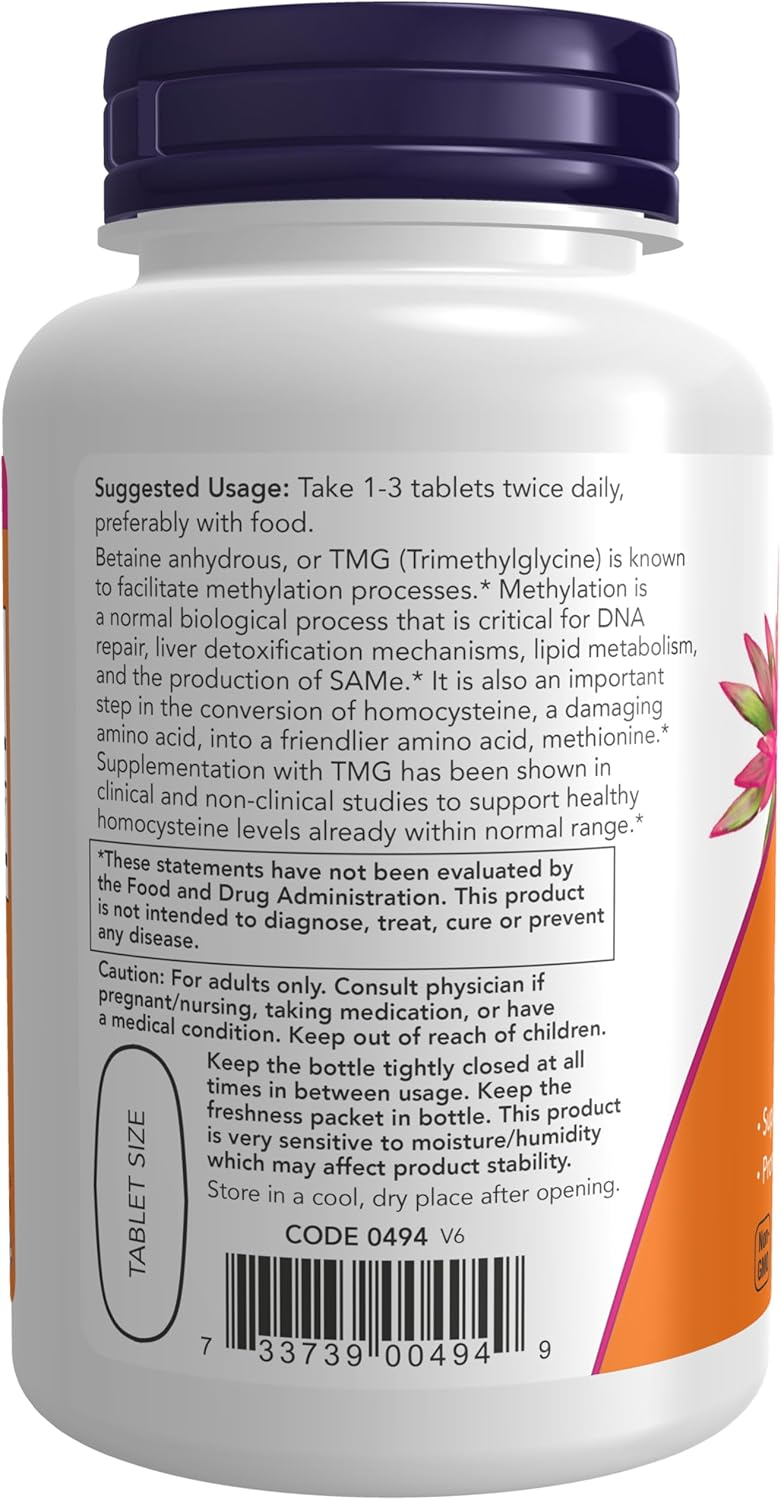 NOW Foods TMG Betaine (Trimethylglycine) 1000 mg, Liver Support, 100 Tablets - görsel 3