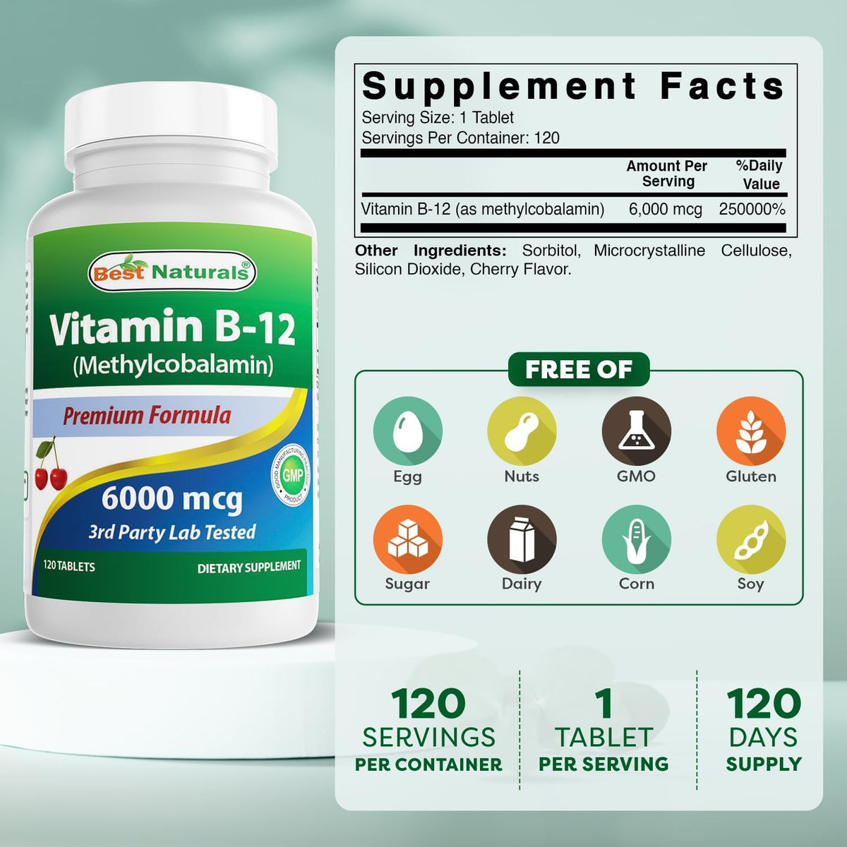 Best Naturals Vitamin B12 6000 mcg, 120 Tablets - görsel 2