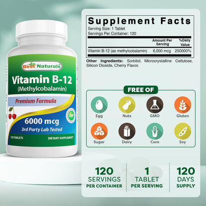 Best Naturals Vitamin B-12 as Methylcobalamin (Methyl B12), 6000 mcg, 120 Sublingual Tablets (Pack of 3)