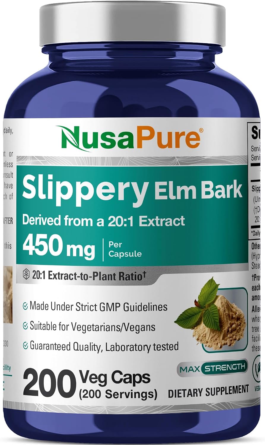 NusaPure Slippery Elm Bark Capsules, 450 mg, 200 Veg Capsules (Non-GMO, Vegan) - görsel 1