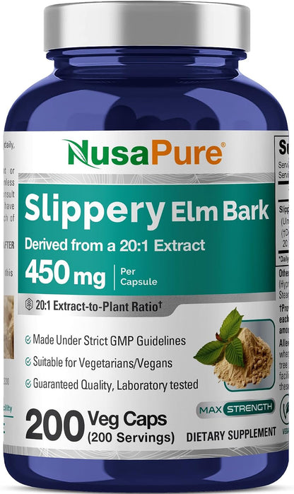 NusaPure Slippery Elm Bark Capsules, 450 mg, 200 Veg Capsules (Non-GMO, Vegan)