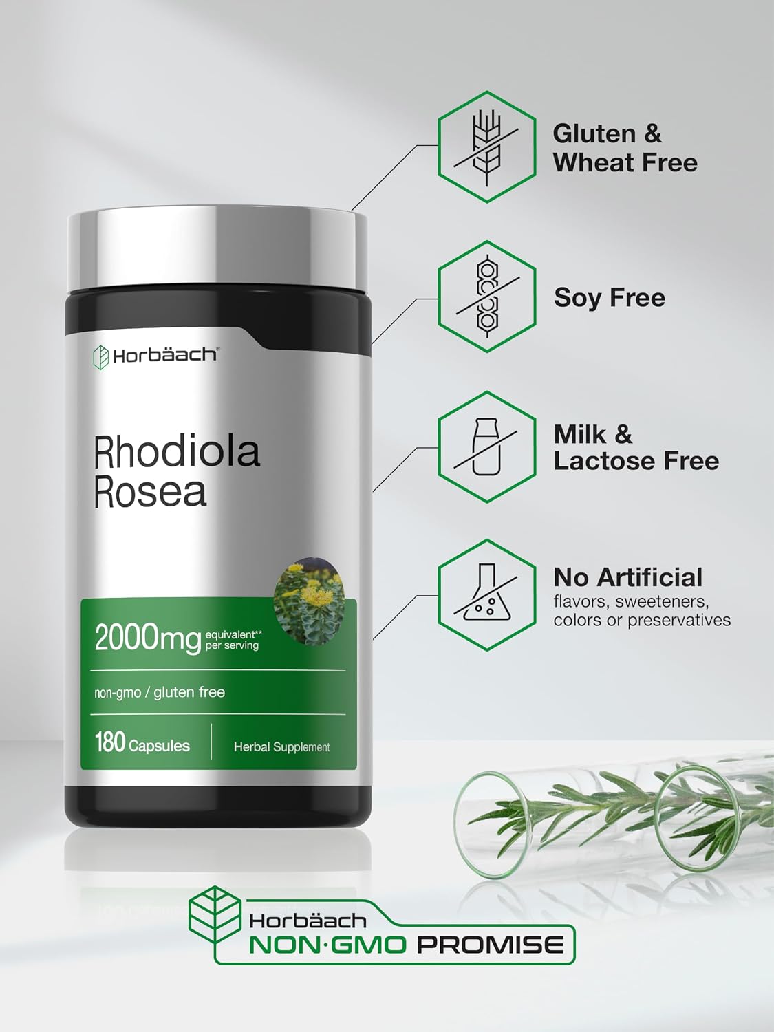 Horbäach Rhodiola Rosea Capsules | 180 Capsules | Non-GMO, Gluten-Free Supplement - görsel 5