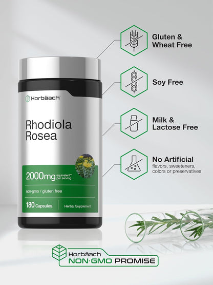Horbäach Rhodiola Rosea Capsules | 180 Capsules | Non-GMO, Gluten-Free Supplement