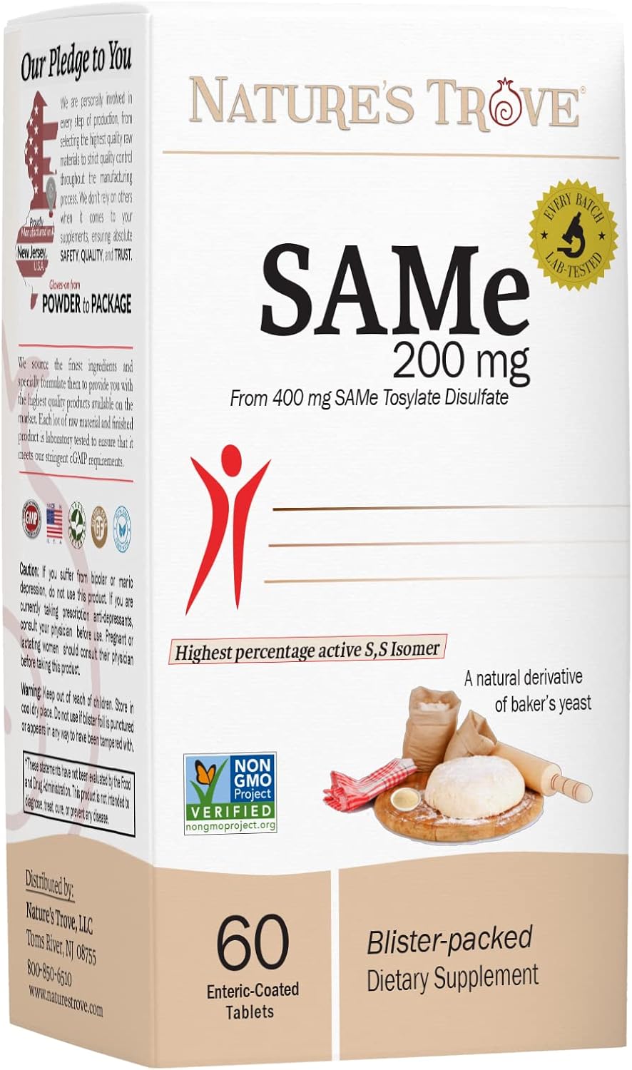 SAM-e 200mg Food Supplement | Vegan, Kosher, Gluten-free | 60 Enteric Coated Tablets | Nature's Trove - görsel 1