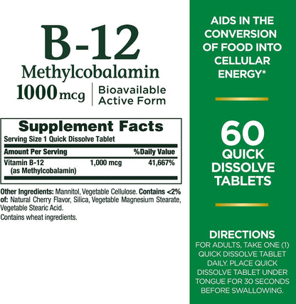 Nature's Bounty Vitamin B12 1000mcg Quick Dissolve Tablets, Cherry Flavour, 60 Count