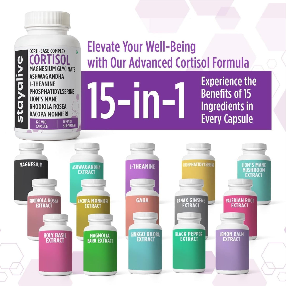 STAY ALIVE Cortisol Manager Supplement 15-in-1 Complex – 120 Vegan Capsules - görsel 2