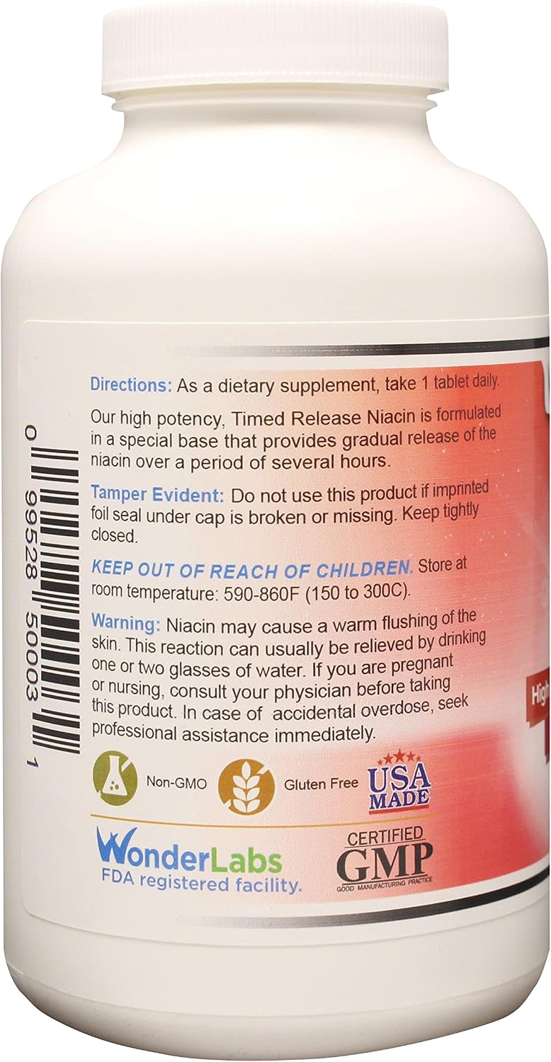 Wonder Laboratories High Potency Time Release Niacin (Vitamin B3) 500 mg 100 Tablets - Non-GMO, Gluten-free Food Supplement - görsel 4