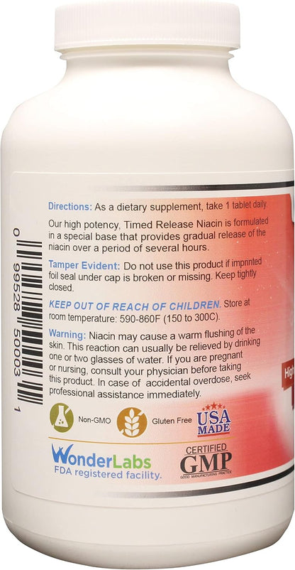 Wonder Laboratories High Potency Time Release Niacin (Vitamin B3) 500 mg 100 Tablets - Non-GMO, Gluten-free Food Supplement