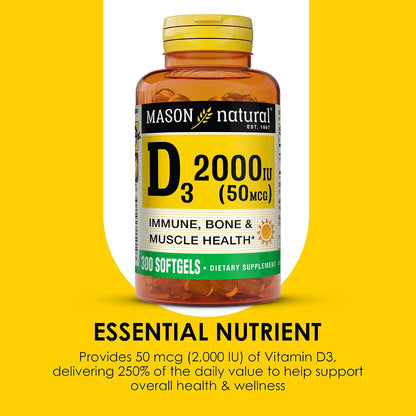 MASON NATURAL Vitamin D3 2,000 IU Ultra Strength, 300 Softgels – Supports Normal Bone Density and Immune Function