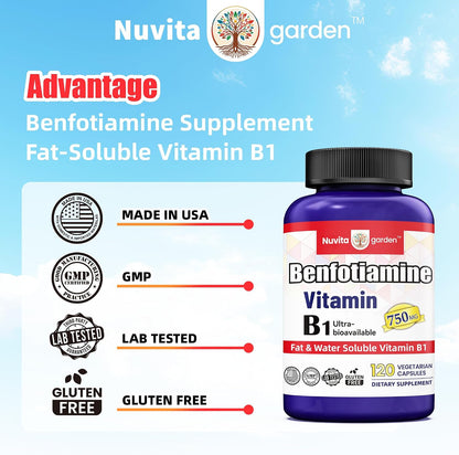 Benfotiamine 750mg, 120 Vegetarian Capsules – Fat-Soluble Vitamin B1 Thiamine Supplement