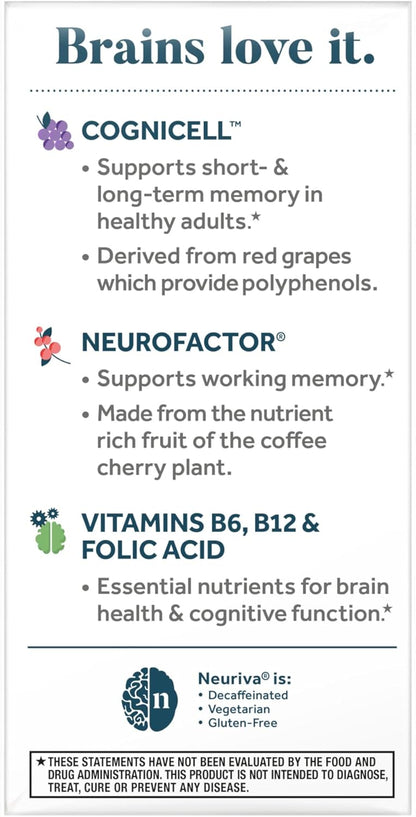 NEURIVA Memory 3D Brain Supplements for Memory and Focus, Vitamin B12 & B6, Folic Acid, 50 Capsules