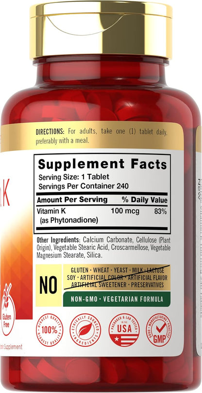 Carlyle Vitamin K 100 mcg, 240 Tablets – Vegetarian, Non-GMO, Gluten-free Supplement