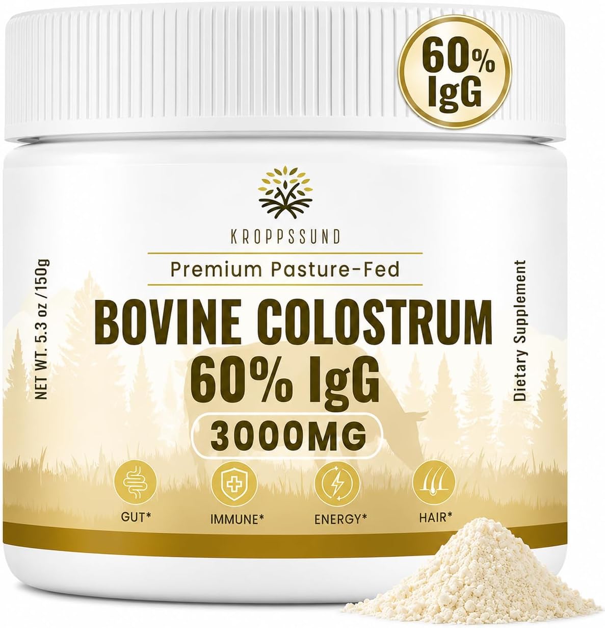 Kroppssund Bovine Colostrum Powder - 65% IgG, 3000mg, Grass-Fed (50 Servings) - görsel 1