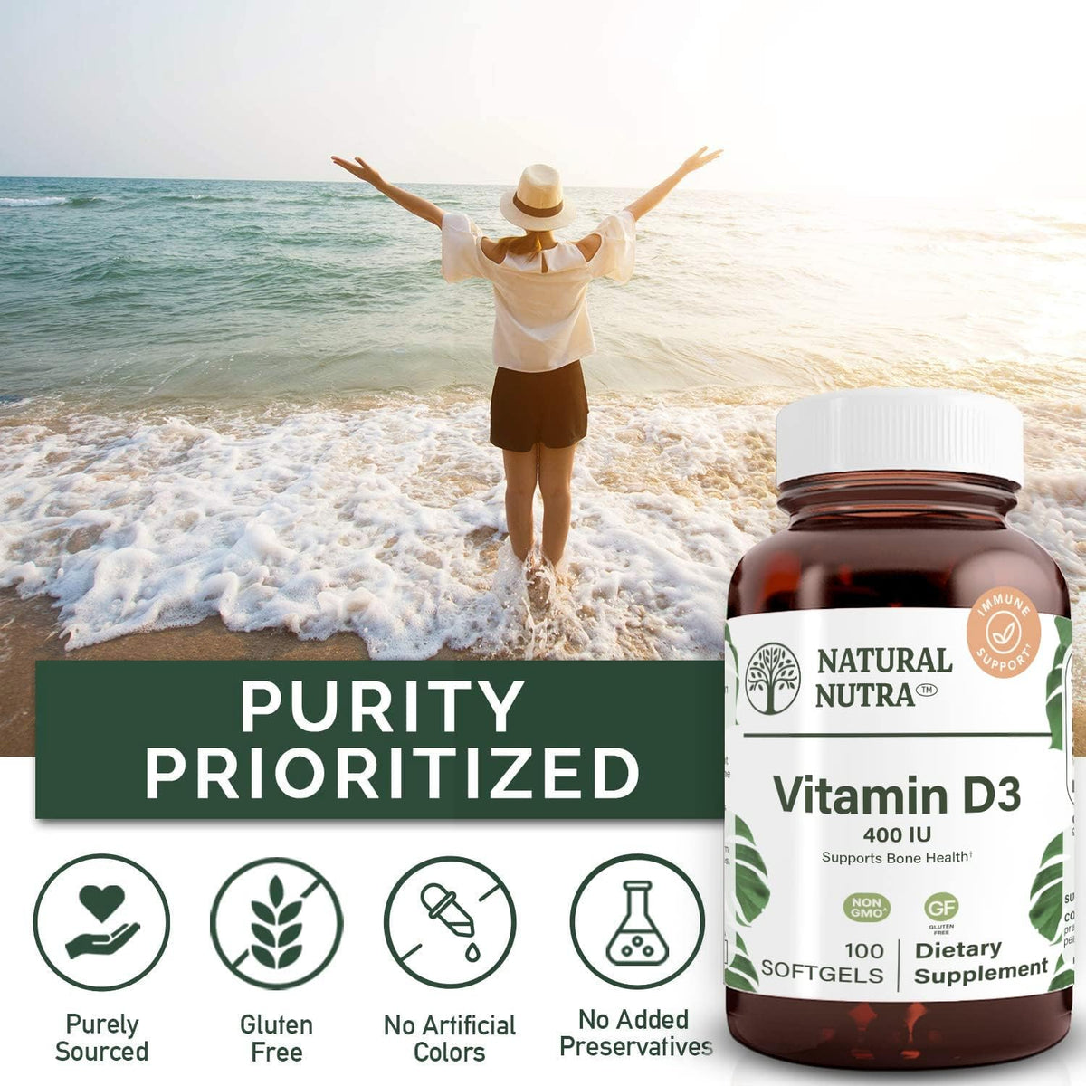 Natural Nutra 100 Vitamin D3 400 IU Softgels – Immune, Bone & Teeth Health Support - görsel 4