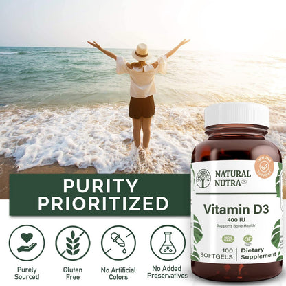 Natural Nutra 100 Vitamin D3 400 IU Softgels – Immune, Bone & Teeth Health Support