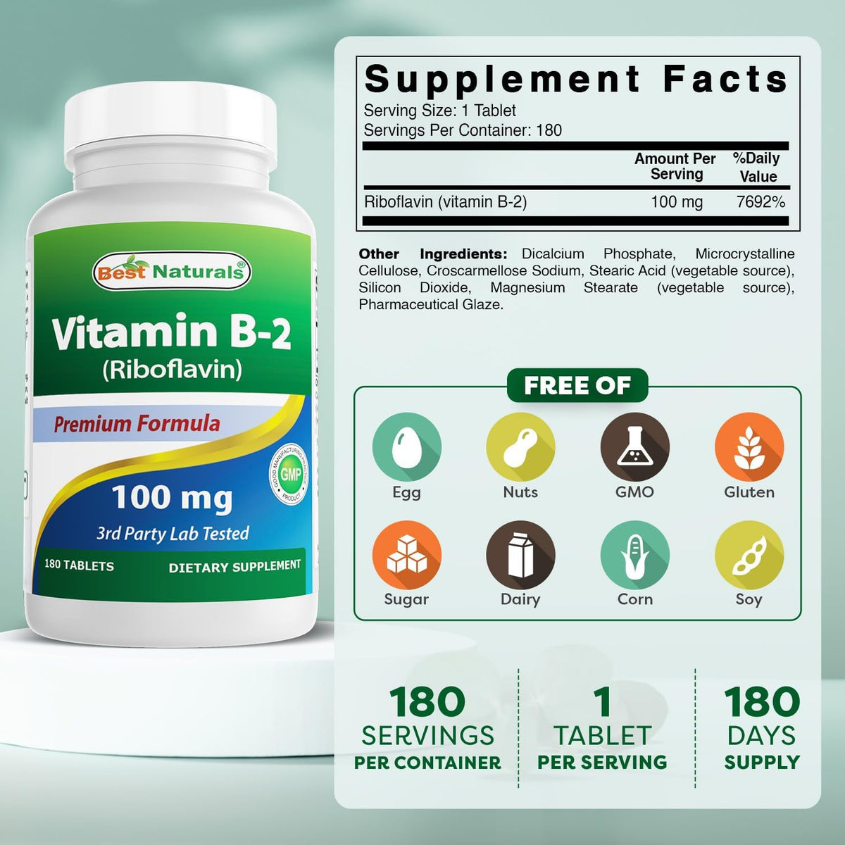 Best Naturals Vitamin B2 (Riboflavin) 100 mg 180 Tablets - Premium Formula - görsel 2
