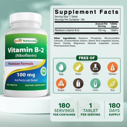 Best Naturals Vitamin B2 (Riboflavin) 100 mg 180 Tablets - Premium Formula