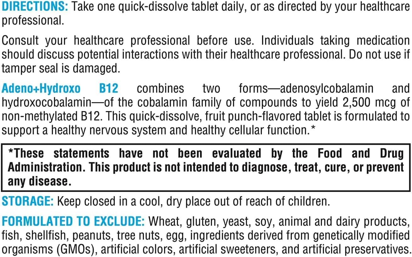 XYMOGEN Adeno+Hydroxo B12 - 2,500 mcg Non-Methylated Vitamin B12 - Fast-Dissolve Tablets - Fruit Punch - 60 Tablets - görsel 5
