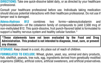 XYMOGEN Adeno+Hydroxo B12 - 2,500 mcg Non-Methylated Vitamin B12 - Fast-Dissolve Tablets - Fruit Punch - 60 Tablets