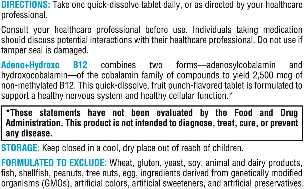 XYMOGEN Adeno+Hydroxo B12 - 2,500 mcg Non-Methylated Vitamin B12 - Quick-Dissolve Tablets - Fruit Punch - 60 Tablets - görsel 5