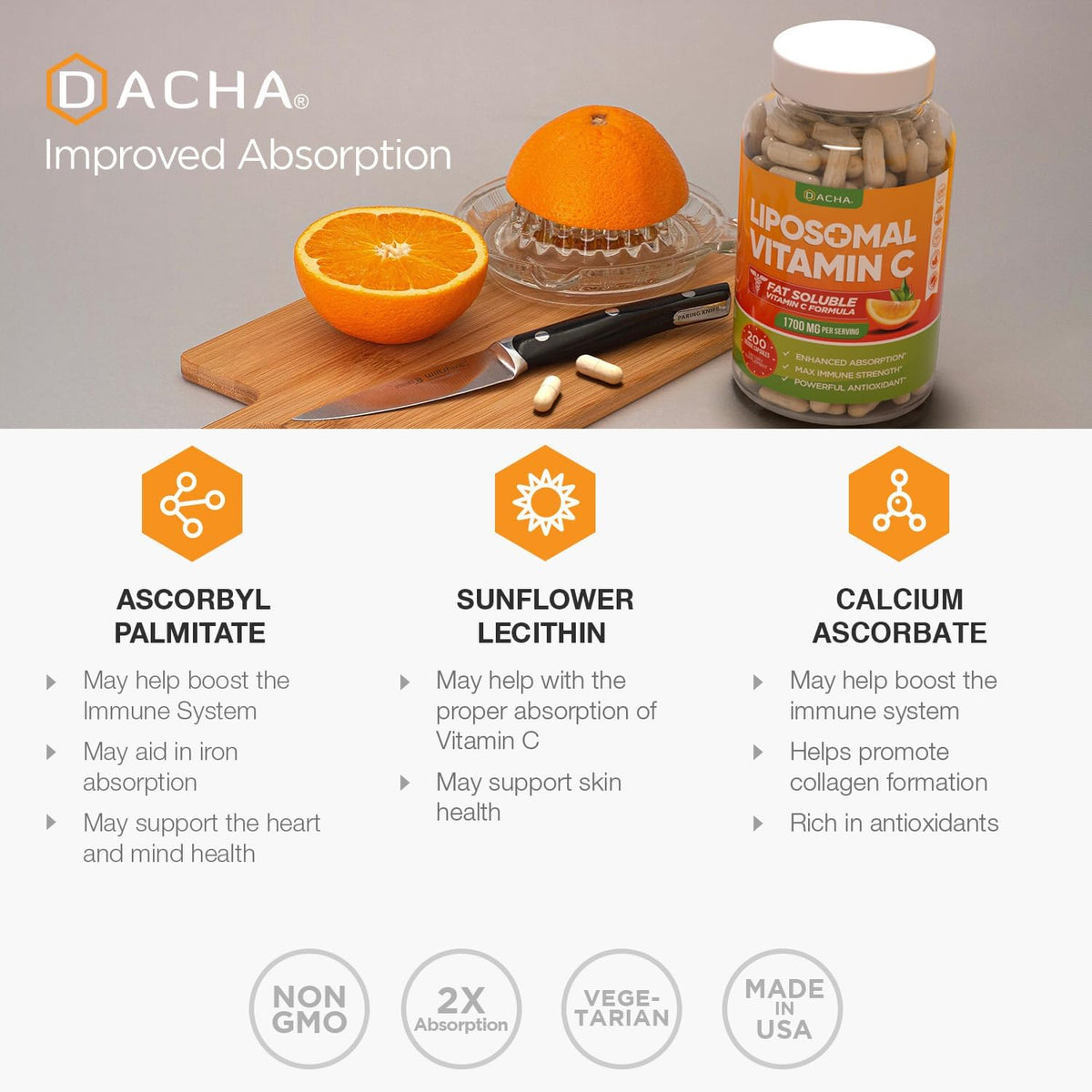 DACHA Natural Liposomal Vitamin C - 1700mg, 200 Capsules, High Absorption, Vegan - görsel 6