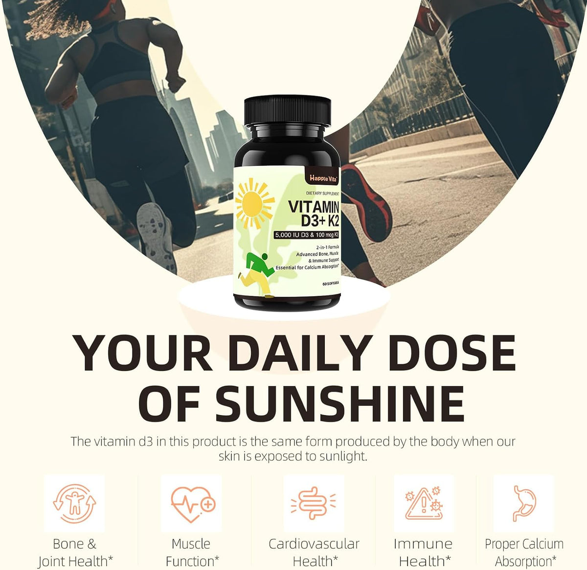 HappieVita Vitamin D3 & K2, 5000 IU (125 µg) + 100 µg, 60 Soft gel capsules - görsel 3