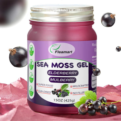 Fleamart Sea Moss Gel – Wildcrafted Irish Sea Moss Gel, Non-GMO, Elderberry Flavour, 15 oz