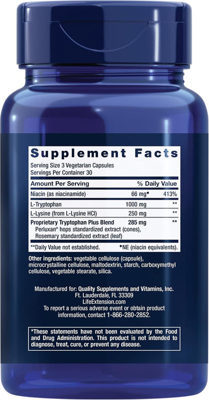 Life Extension Optimised Tryptophan Plus 1000mg – L-Tryptophan Supplement with Niacin and L-Lysine