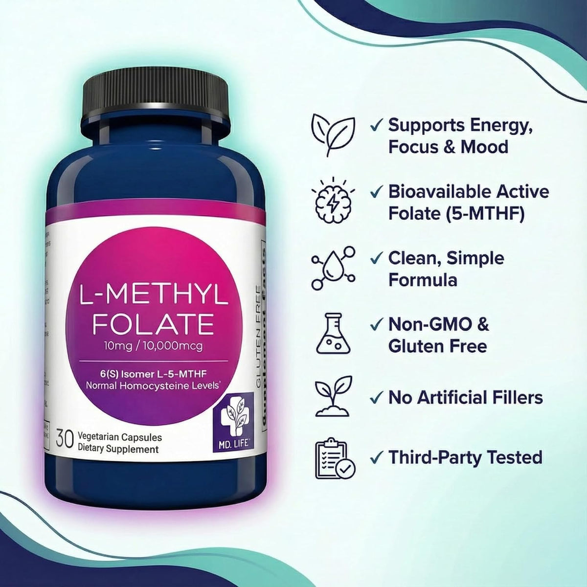 MD Life L-Methylfolate 10 mg Food Supplement - Active Folate - 30 Capsules - görsel 7