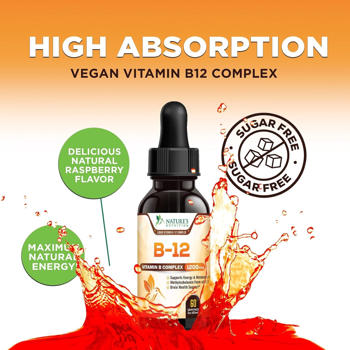 Vitamin B12 Drops - Extra Strength Methylcobalamin Super B Complex - Sublingual Liquid for Energy, Nervous System & Metabolism Support - Raspberry Flavoured - 60 ml - görsel 6