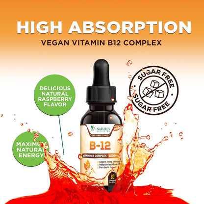 Vitamin B12 Drops - Extra Strength Methylcobalamin Super B Complex - Sublingual Liquid for Energy, Nervous System & Metabolism Support - Raspberry Flavoured - 60 ml