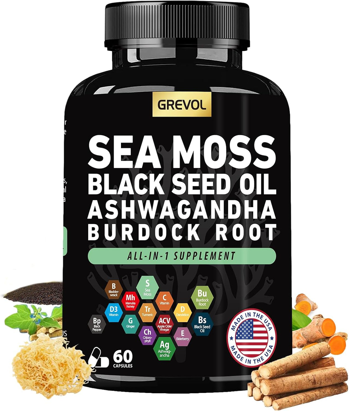 Sea Moss Black Seed Oil Ashwagandha Bladderwrack Burdock Root Turmeric & Vitamin C D3 Elderberry ACV Black Pepper - Multimineral Supplement - 60 Capsules - görsel 1
