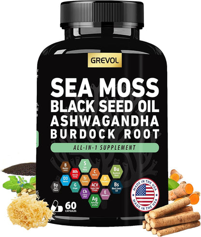 Sea Moss Black Seed Oil Ashwagandha Bladderwrack Burdock Root Turmeric & Vitamin C D3 Elderberry ACV Black Pepper - Multimineral Supplement - 60 Capsules