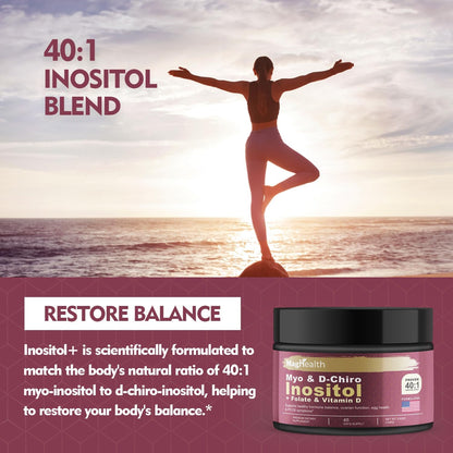 Inositol Powder - Myo and D-Chiro Inositol with Folate and Vitamin D, 40:1 Ratio, 45-Day Supply