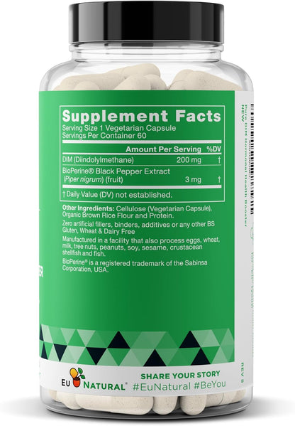 Eu Natural Pure DIM 200mg Supplement – Oestrogen Hormone Balance – with BioPerine – 60 Vegan Soft Capsules