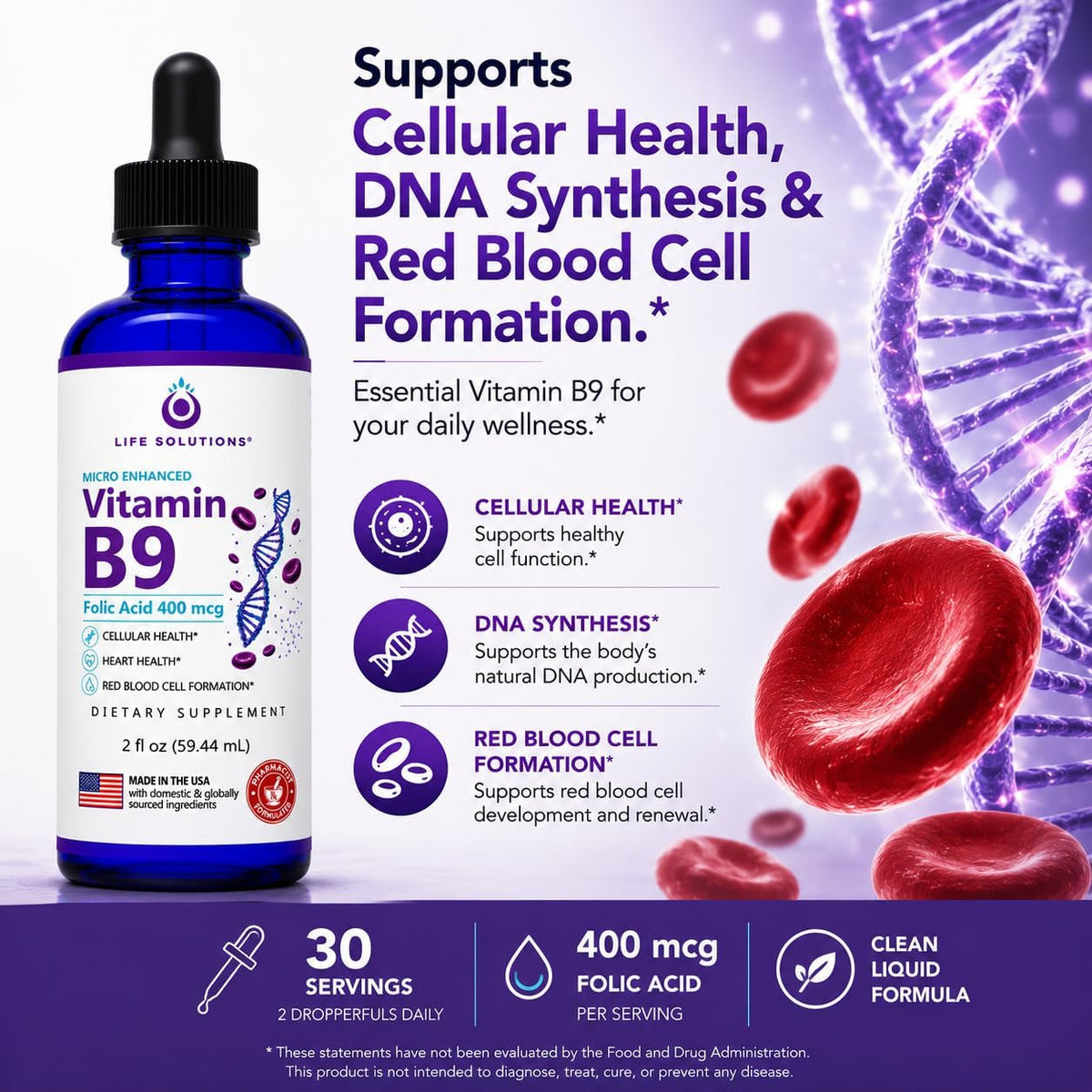 Life Solutions Vitamin B9 Liquid Drops, Folic Acid 400 mcg, 60 ml - görsel 2