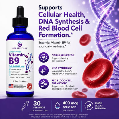 Life Solutions Vitamin B9 Liquid Drops, Folic Acid 400 mcg, 60 ml
