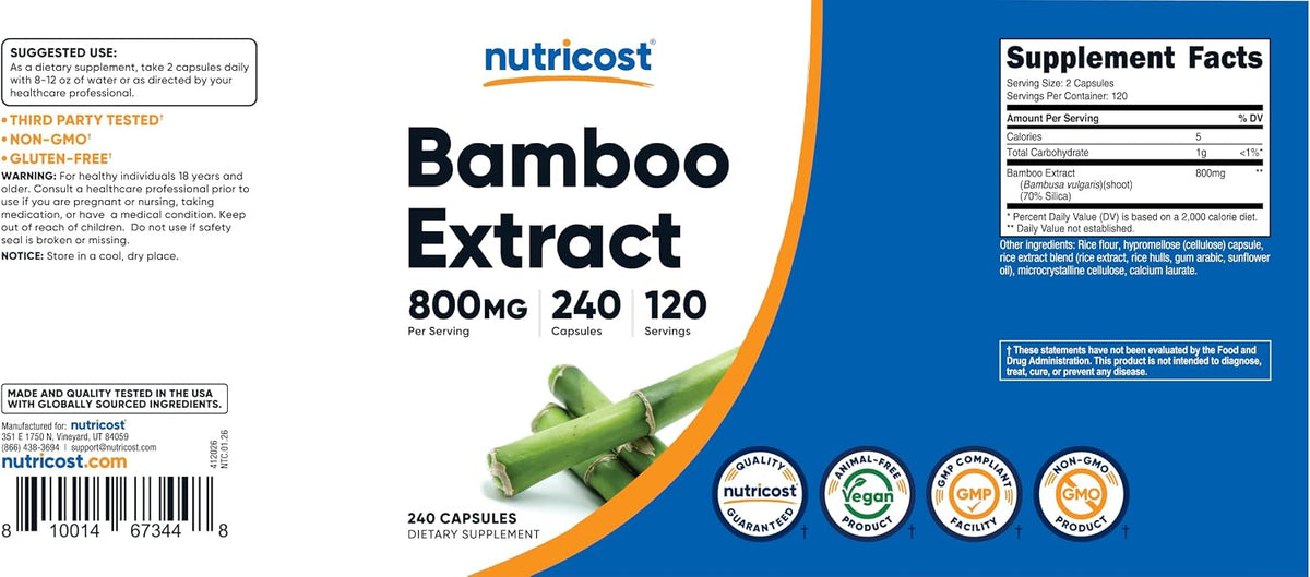 Nutricost Bamboo Extract, 400 mg, 240 Capsules – Vegan, Gluten-free, Non-GMO - görsel 6