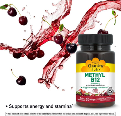 Country Life Methyl B12, Contributes to Energy and Stamina, 5,000mcg, 60 Lozenges, Gluten-free, Vegan, Non-GM Verified